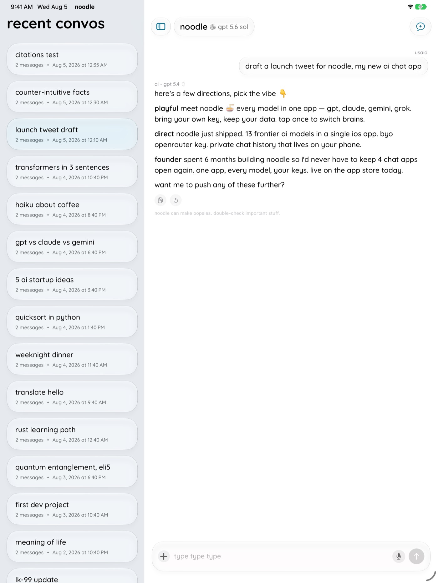 noodle on iPad with a conversation sidebar next to an open chat